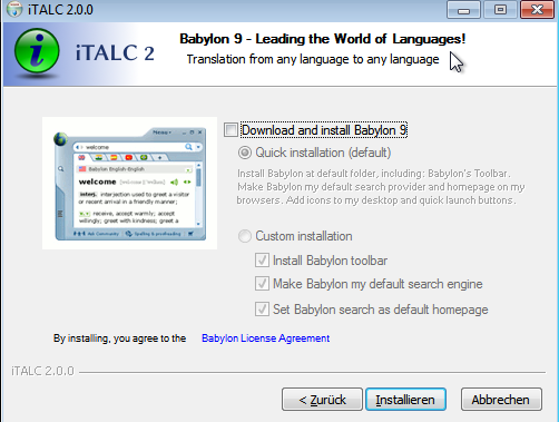 iTALC-Installation: Babylon-Toolbar