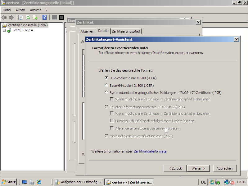 Export des Root-Zertifikats unter Windows 2008