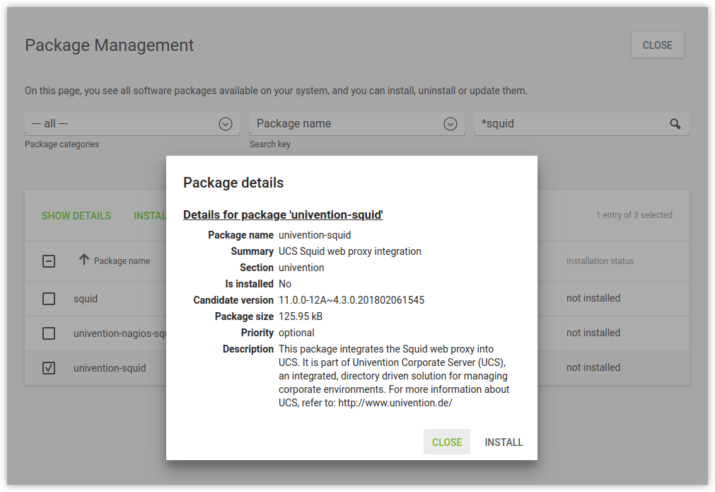 Installing the package univention-squid in Univention Management Console