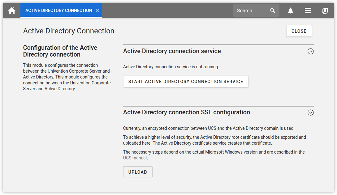 Administration dialogue for the Active Directory Connection
