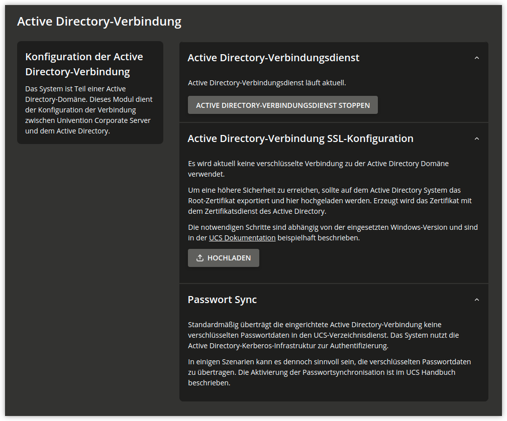 Administrationsdialog für die Active Directory-Verbindung