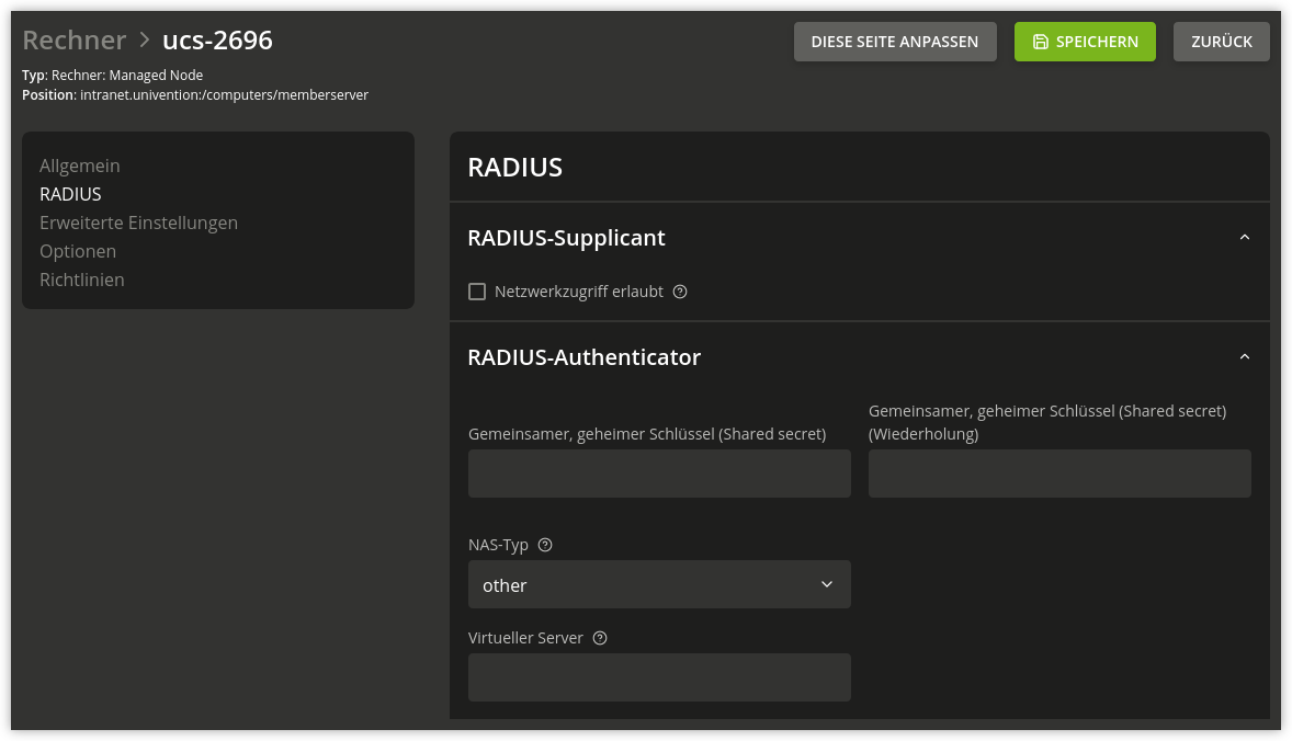 RADIUS an einem Computerobjekt einstellen