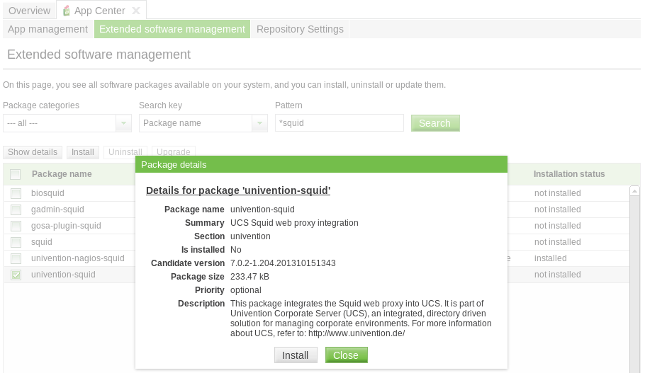 Installing the package univention-squid in the Univention Management Console