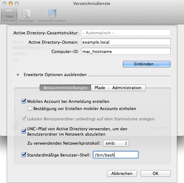 Domänenbeitritt eines Mac OS X-Systems
