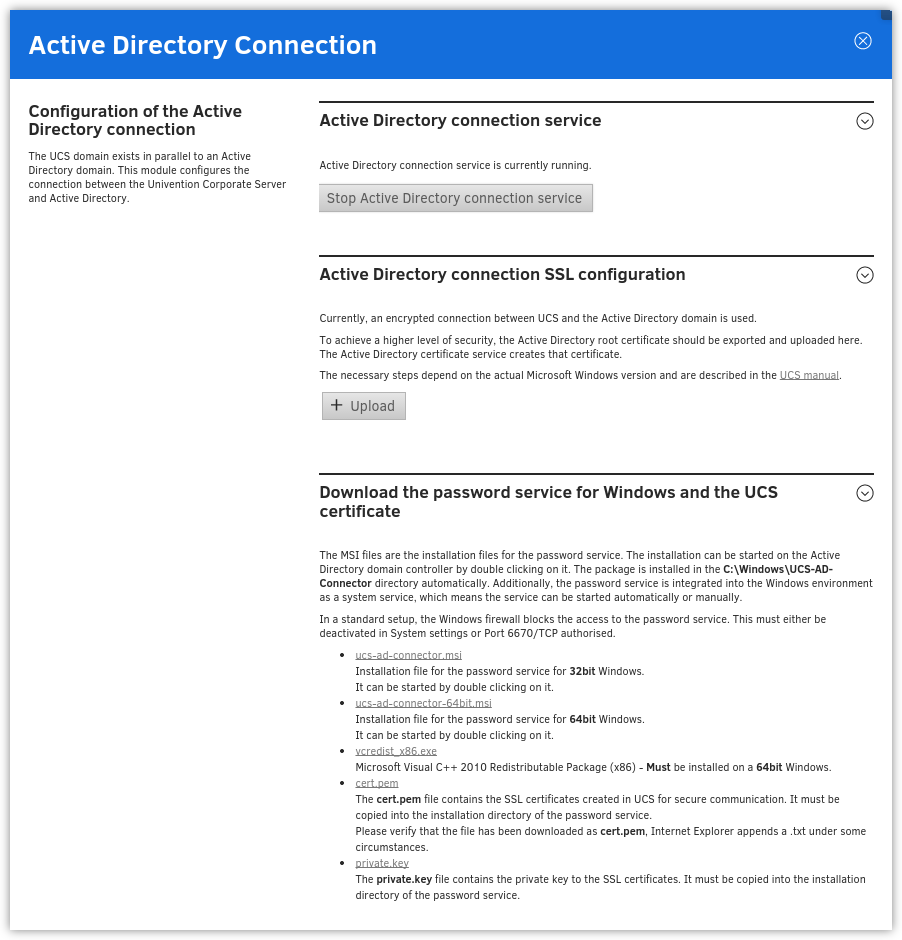 Administration dialogue for the Active Directory Connection