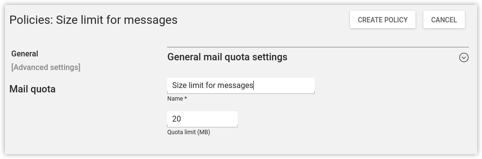 Policy-based configuration of the maximum mail size