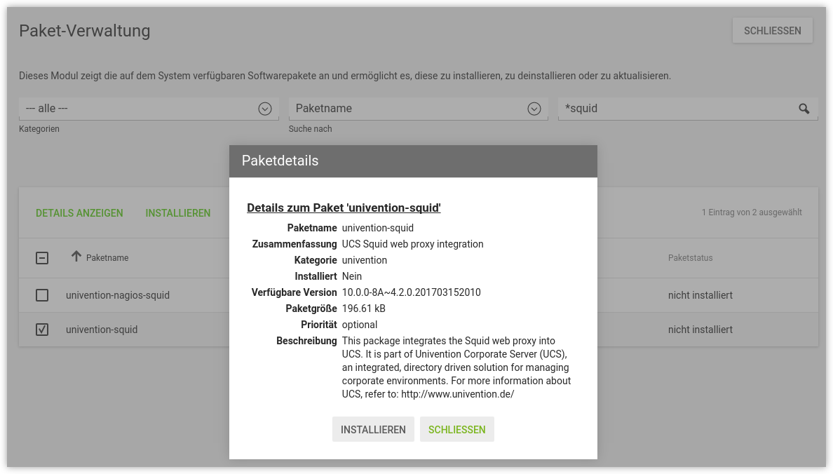 Installation des Pakets univention-squid in Univention Management Console
