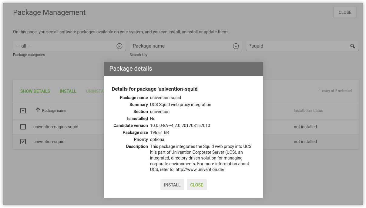 Installing the package univention-squid in Univention Management Console