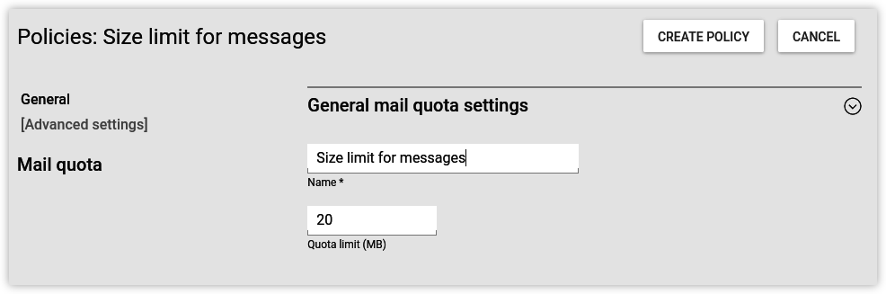 Policy-based configuration of the maximum mail size