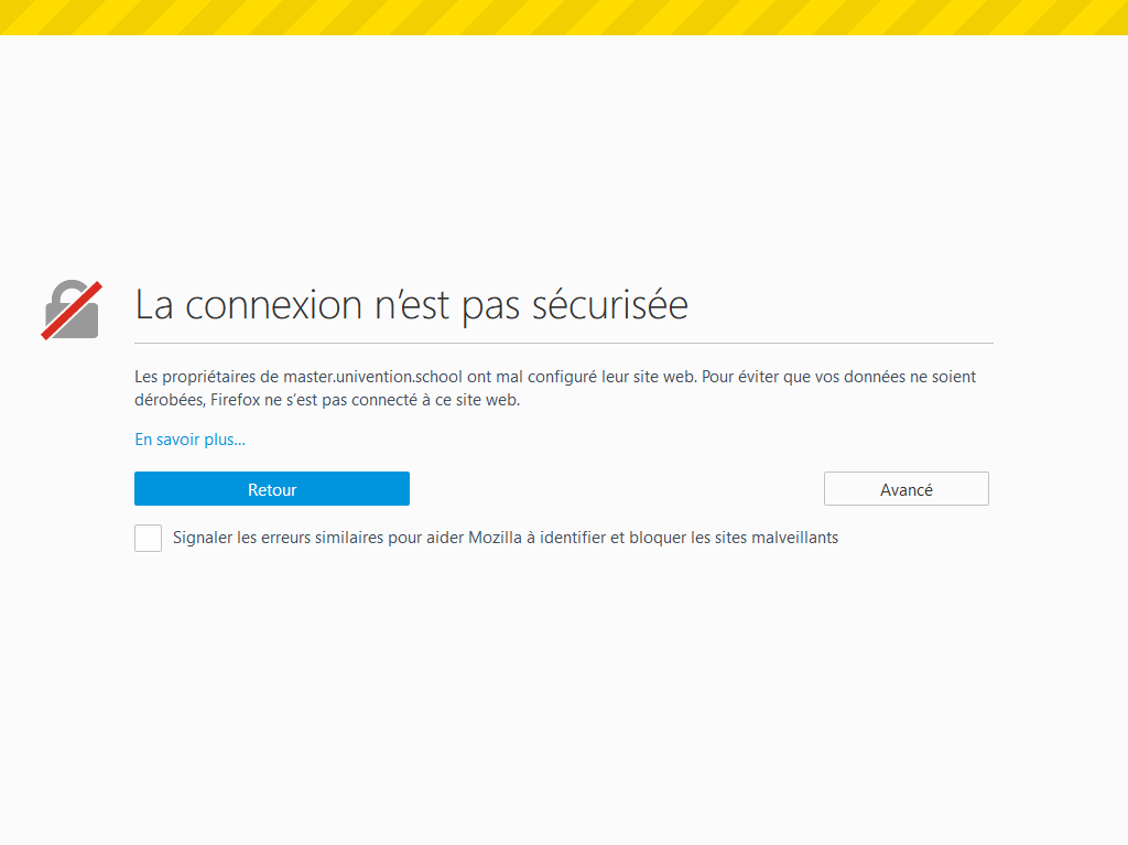 Avertissement relatif au certificat de sécurité, affiché dans Firefox