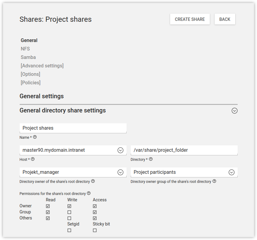 Creating a share in UMC