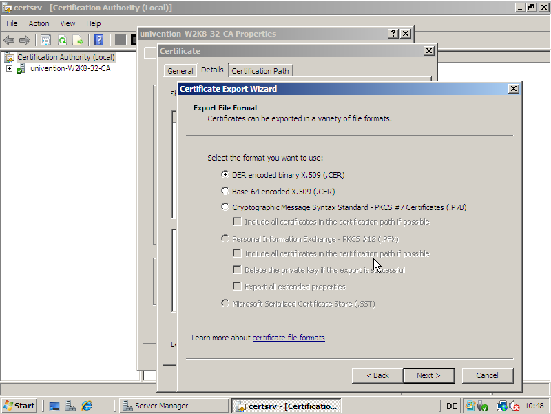 Exporting the root certificate on Windows 2008