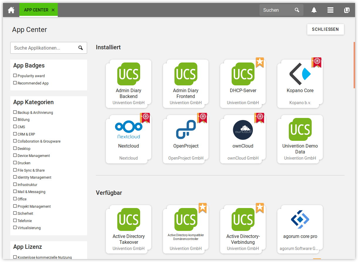 Auswahl von UCS-Komponenten im App Center