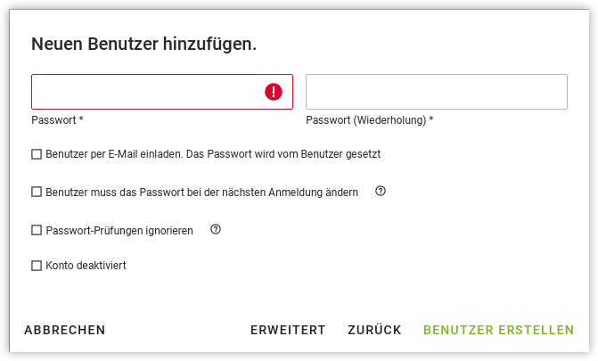 Passwortvergabe für einen neuen Benutzer