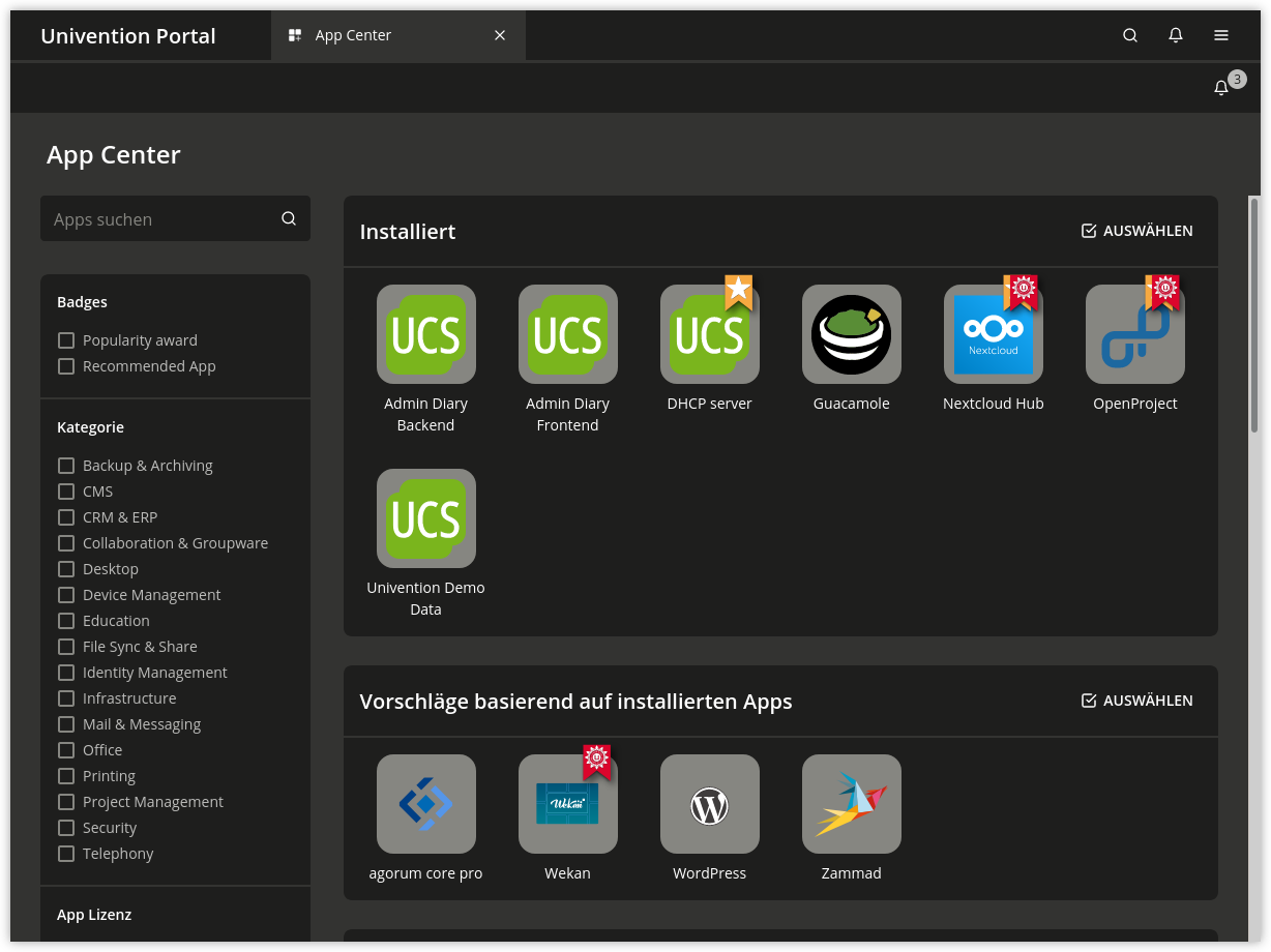 Überblick der verfügbaren Applikationen im App Center