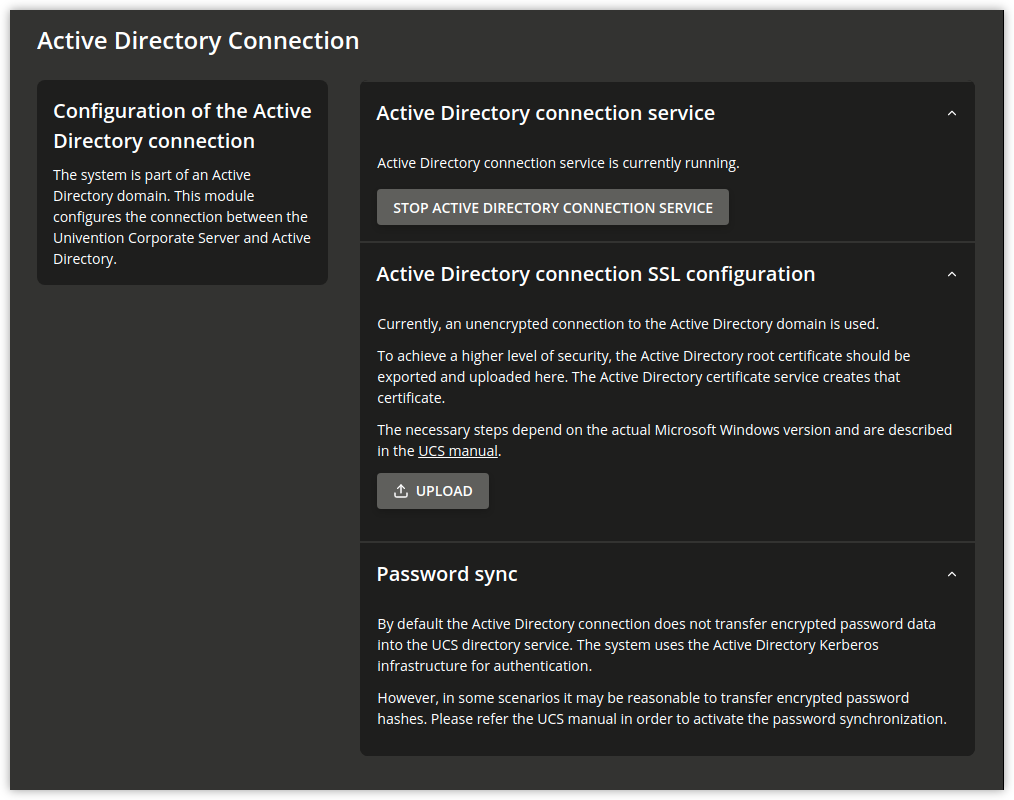 Administration dialogue for the Active Directory Connection