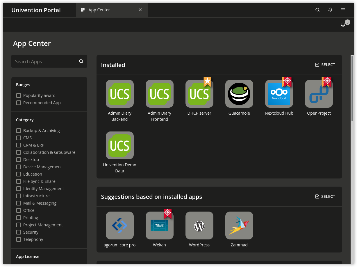 Selection of UCS components in the App Center