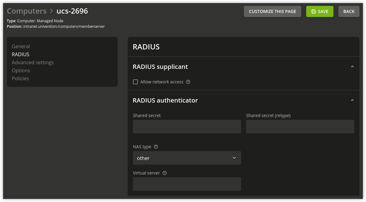 RADIUS authenticator options