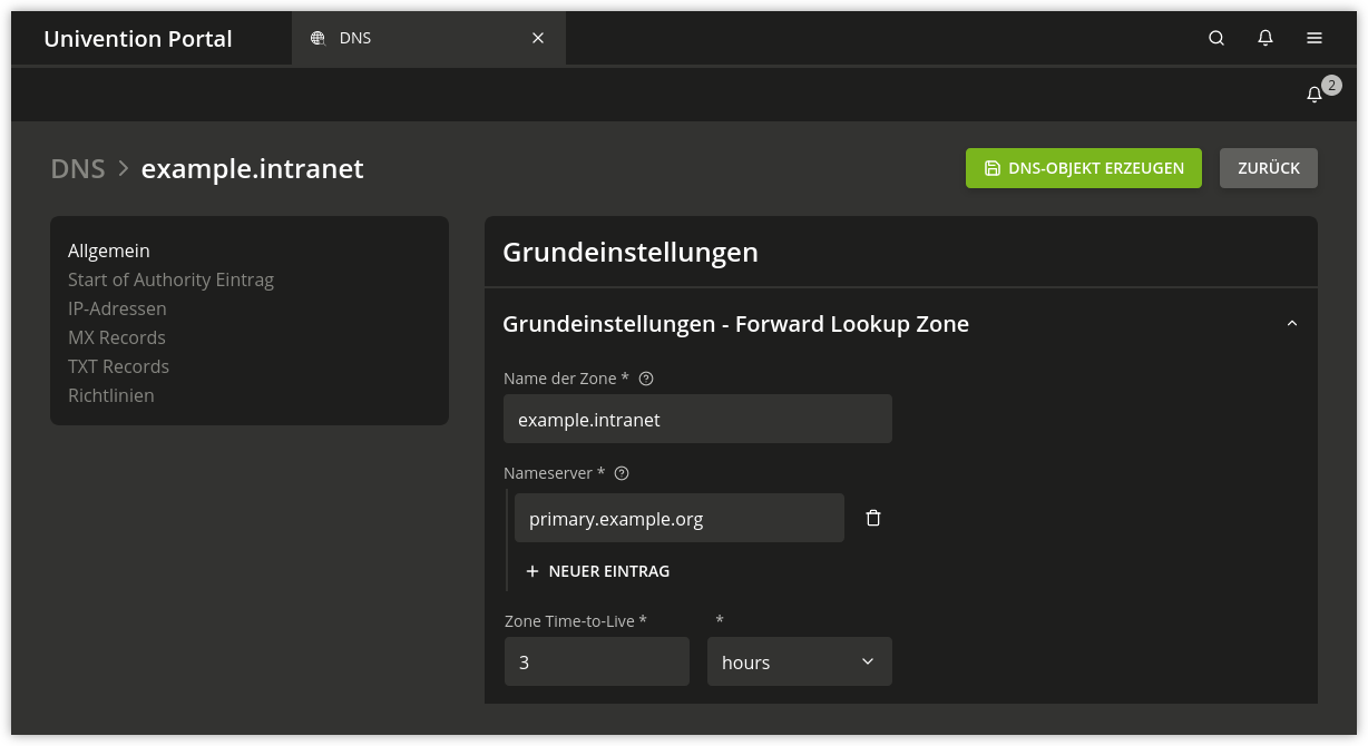 Konfiguration einer Forward Lookup Zone durch Univention Management Console Modul