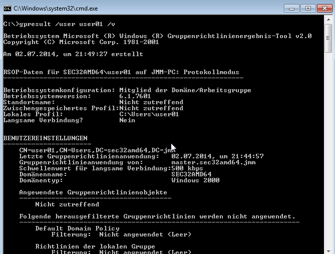 Auswertung der GPO für den Benutzer ``user01``