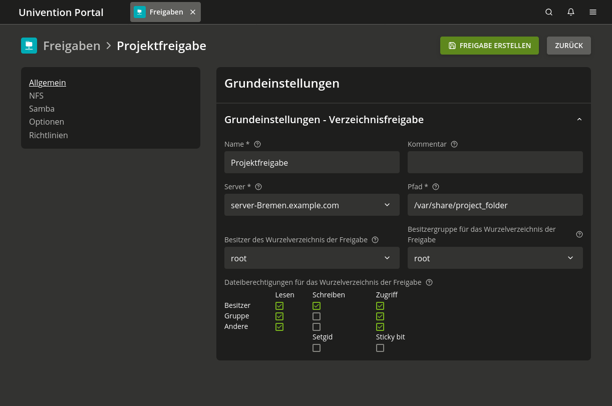 Anlegen einer Freigabe im UMC-Modul *Freigaben*