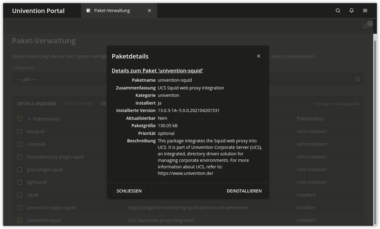Installation des Pakets univention-squid im UMC-Modul 'Paket-Verwaltung'