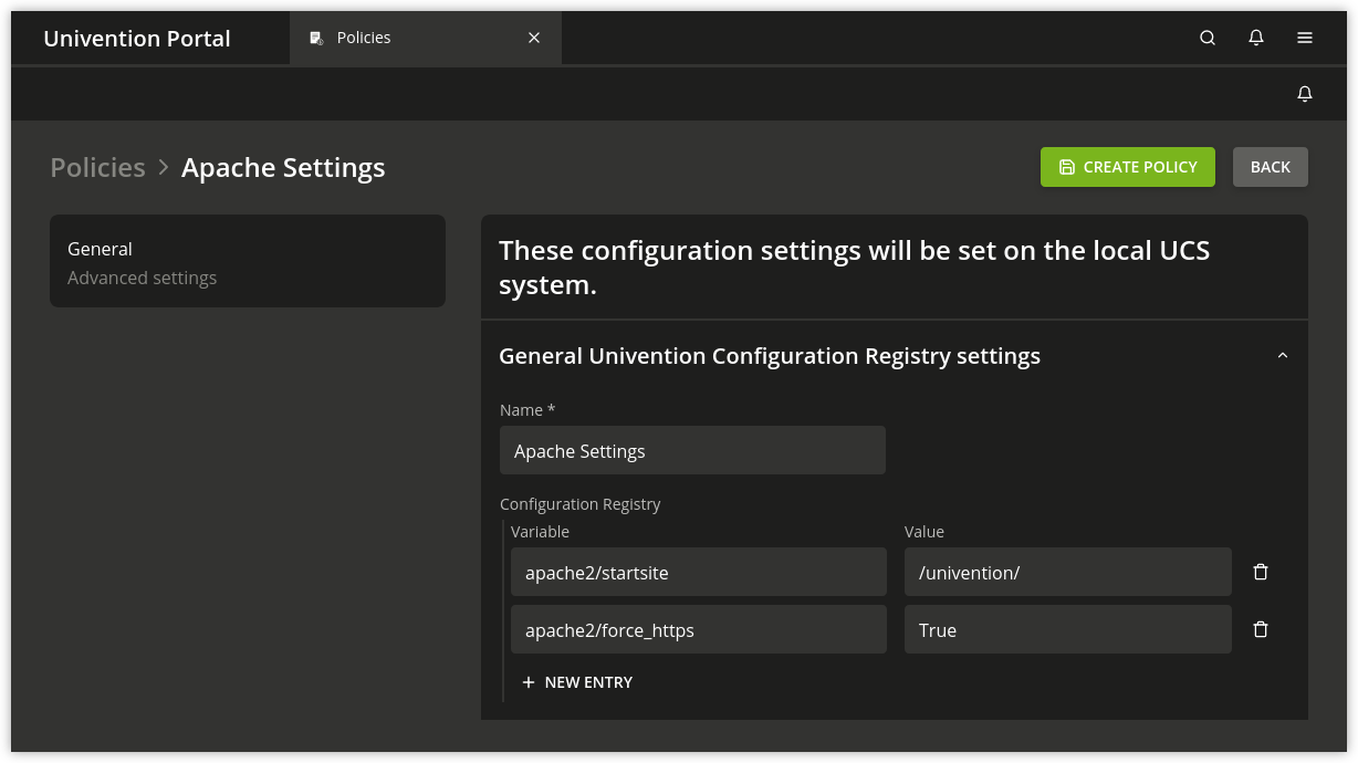 Policy-based configuration of the Apache start page and forced HTTPS