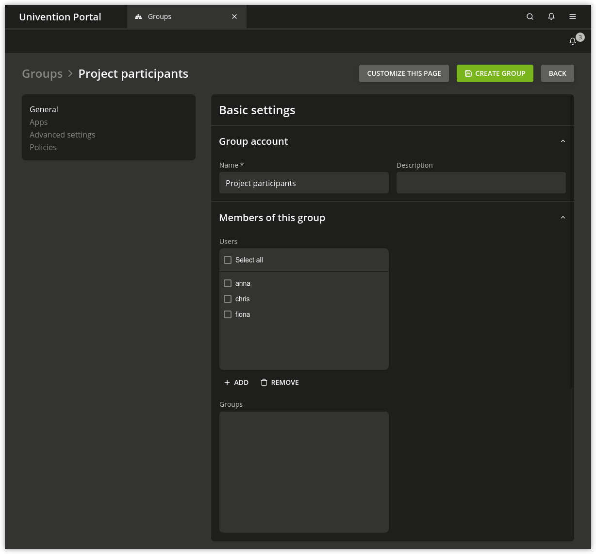 Creating a group via UMC module