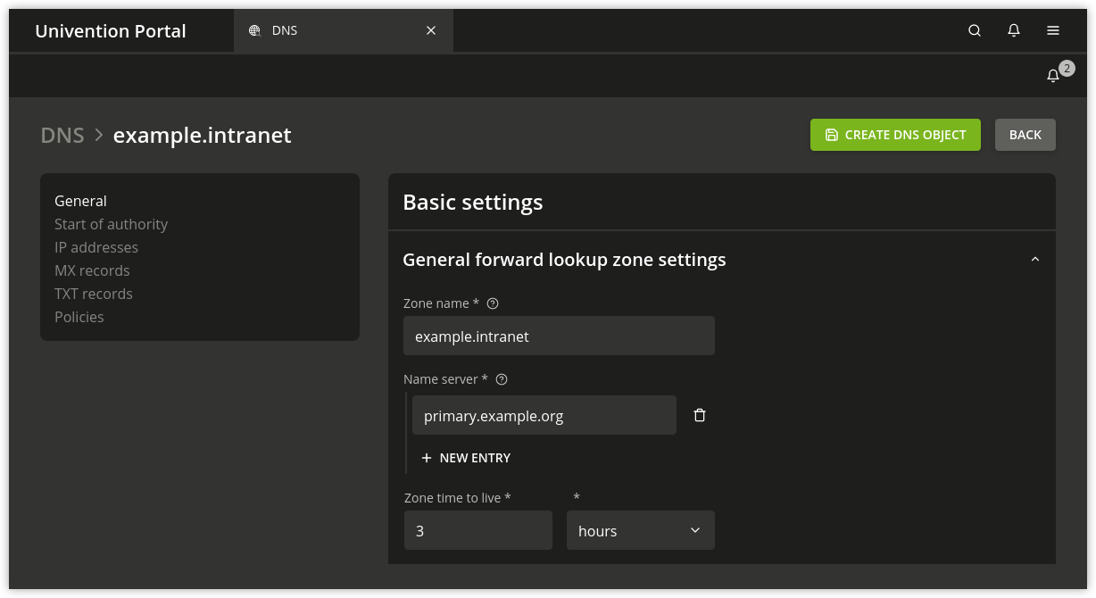 Configuring a forward lookup zone in the UMC module *DNS*