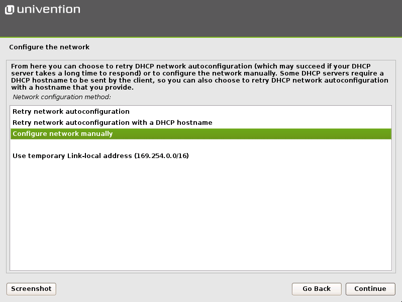 Selecting the manual network configuration