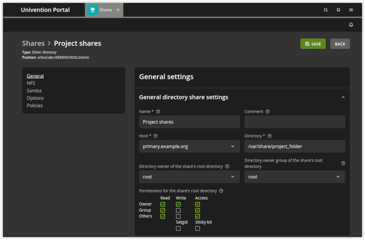 Creating a share via the UMC module *Shares*