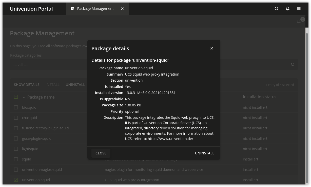 Installing the package univention-squid via |UCSUMC| module 'Package management'