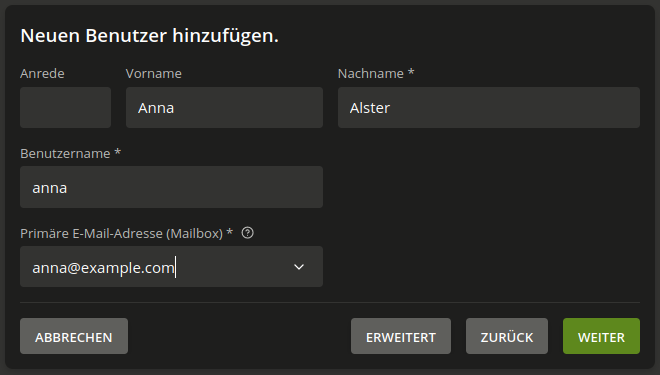 Die primäre E-Mail-Adresse des Benutzers muss im Assistenten festgelegt werden