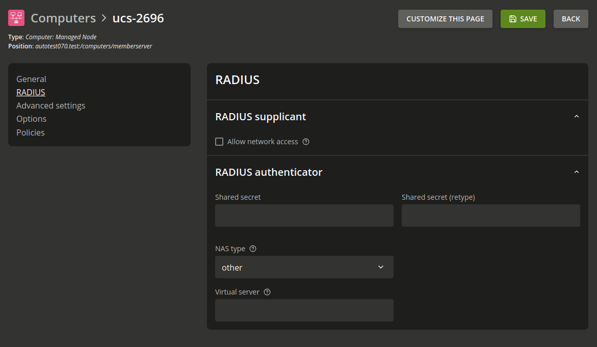 RADIUS authenticator options