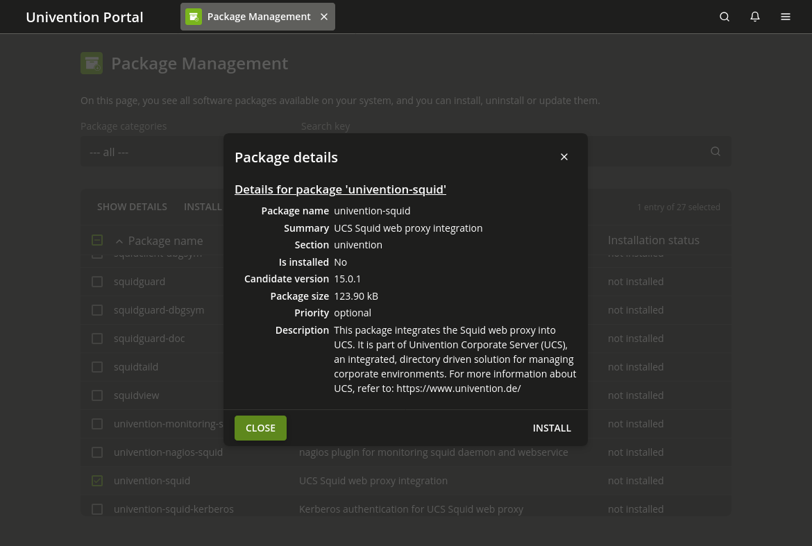 Installing the package univention-squid via |UCSUMC| module 'Package management'