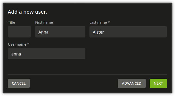 Creating a user in the UMC module 'Users'