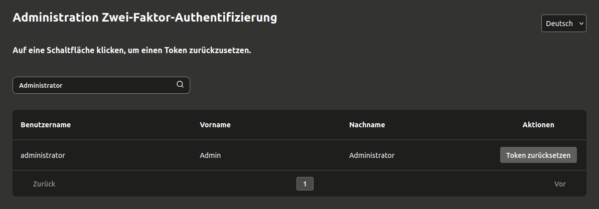 Screenshot des 2FA Admin Helpdesk Moduls
