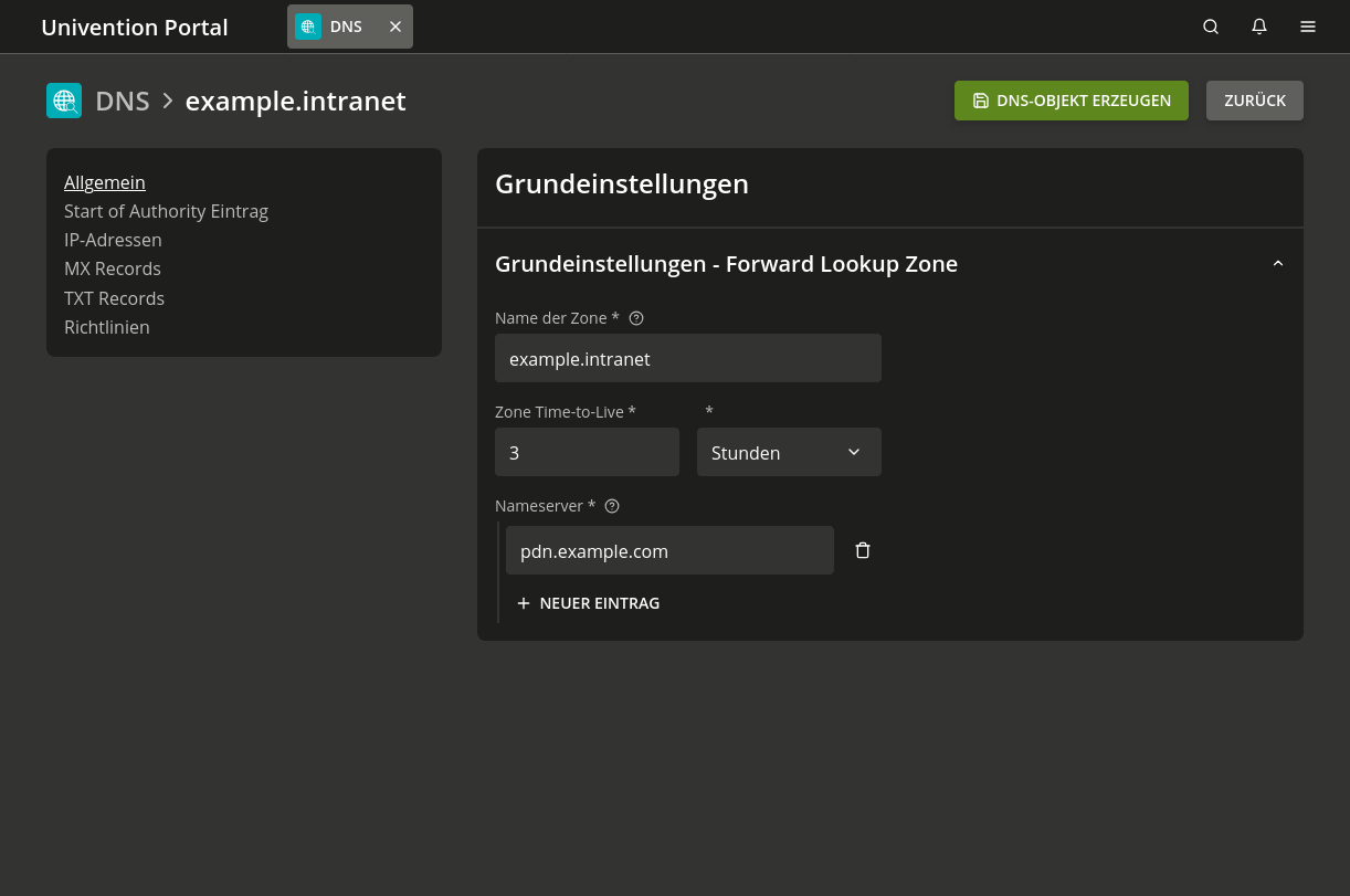 Konfiguration einer DNS Forward Lookup Zone im *DNS* Verwaltungsmodul