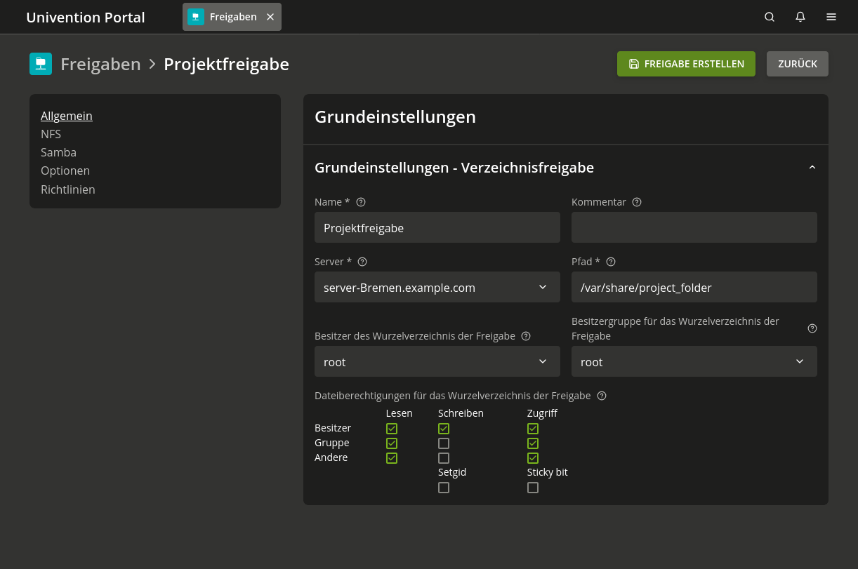 Allgemeine Einstellungen für Dateifreigaben im Freigaben Verwaltungsmodul