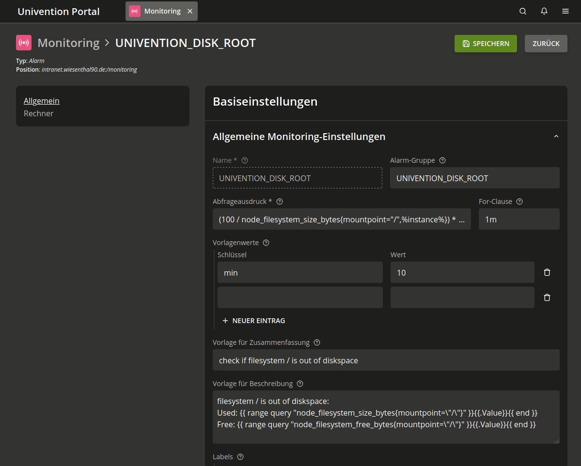 Die Abbildung zeigt das Modul Monitoring in der Management UI mit der Konfiguration einer Warnmeldung.