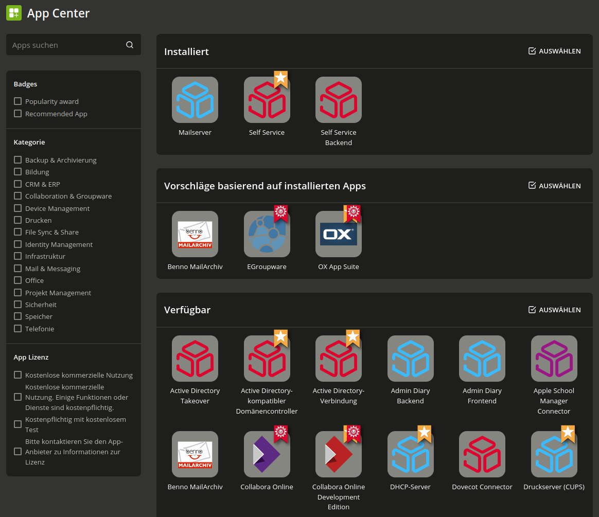 Übersicht der im App Center verfügbaren Anwendungen