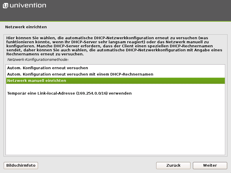 Manuelle Netzwerkkonfiguration auswählen