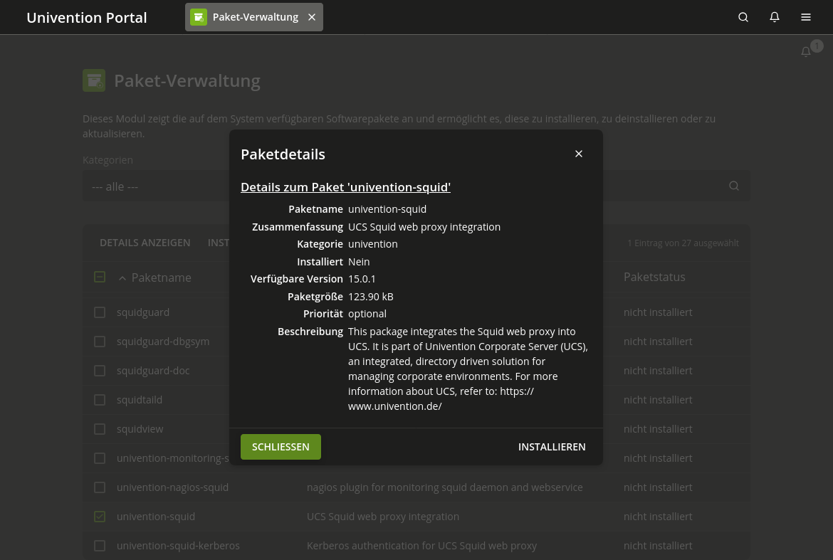 Installation des Pakets univention-squid über das Paket-Verwaltungsmodul