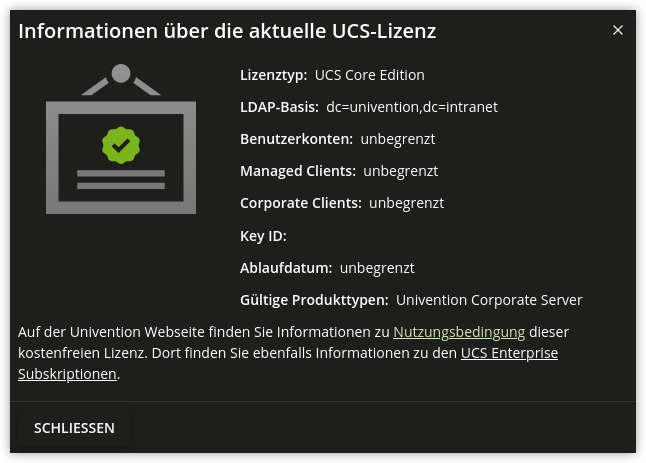Dialog mit Informationen zur UCS-Lizenz