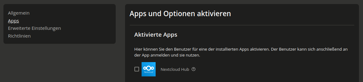Einstellungen zur Aktivierung einer Gruppe für jede App im Reiter Apps