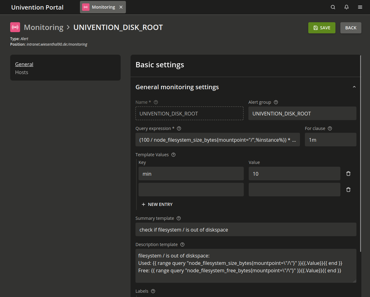 The figure shows the Monitoring module in the Management UI with the configuration of an alert.