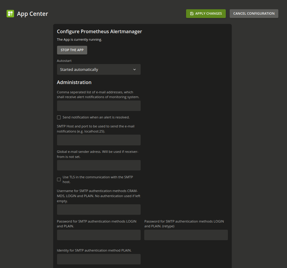 The figure shows the Alertmanager app settings for SMTP and email recipients.