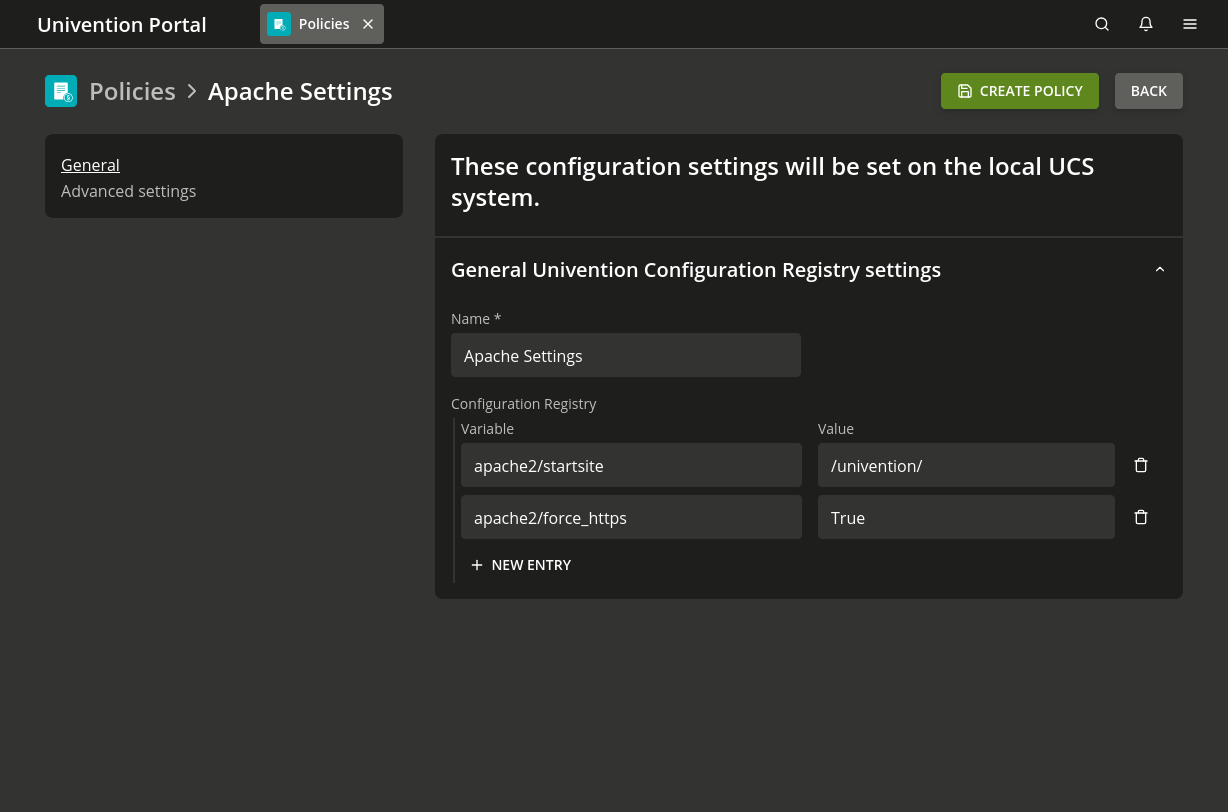 Policy-based configuration of the Apache start page and forced HTTPS