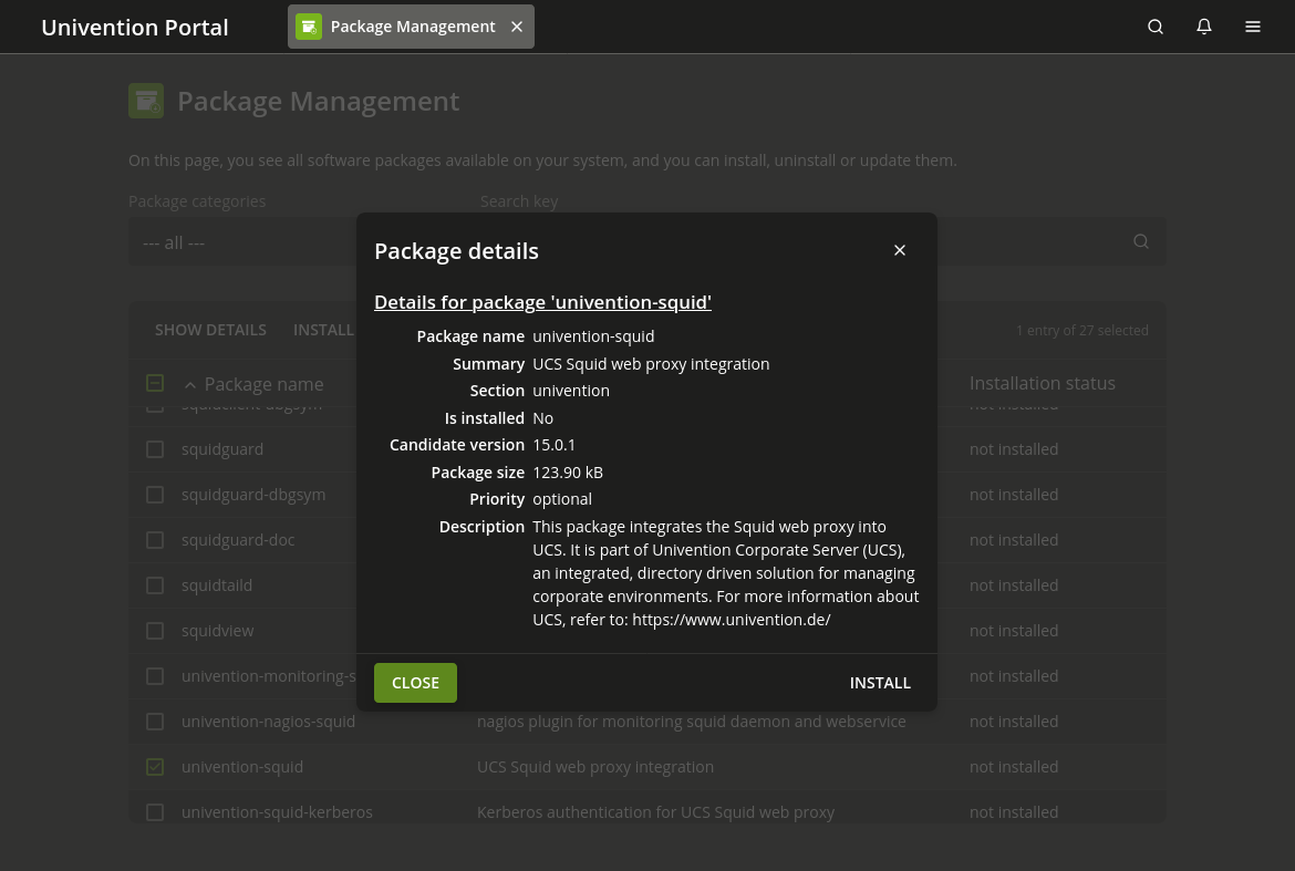 Installing the package univention-squid through Package Management module