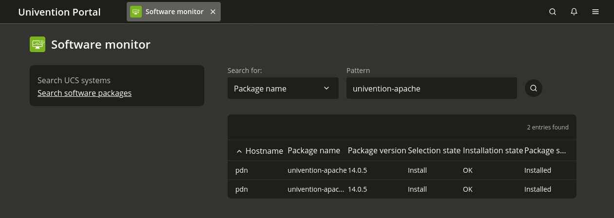 Software Monitor interface showing package search results